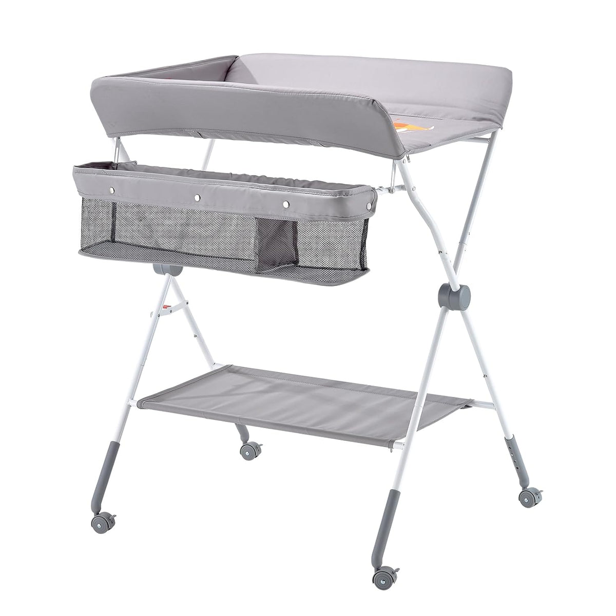 Baby Changing Table, Foldable Diaper Change Station with Side Basket, Adjustable Height Changing Table with Lockable Wheels, Multi-Functional Nursery Storage Organizer, Dark Gray