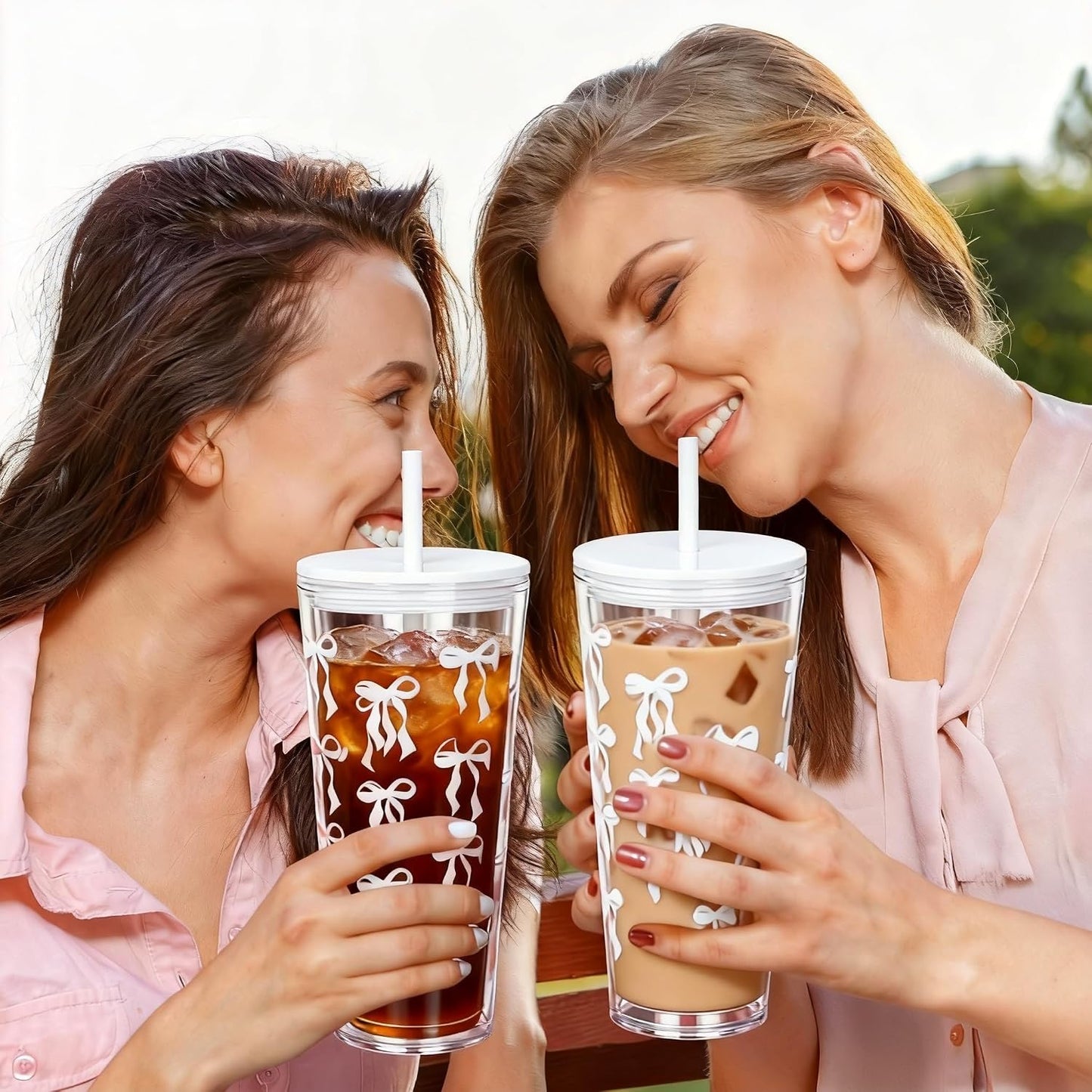 24oz Tumbler with Lid and Straw, Leak Proof and Double Wall Insulated Reusable Plastic Cups,Travel Reusable Iced Coffee Cup (2, White Butterfly)