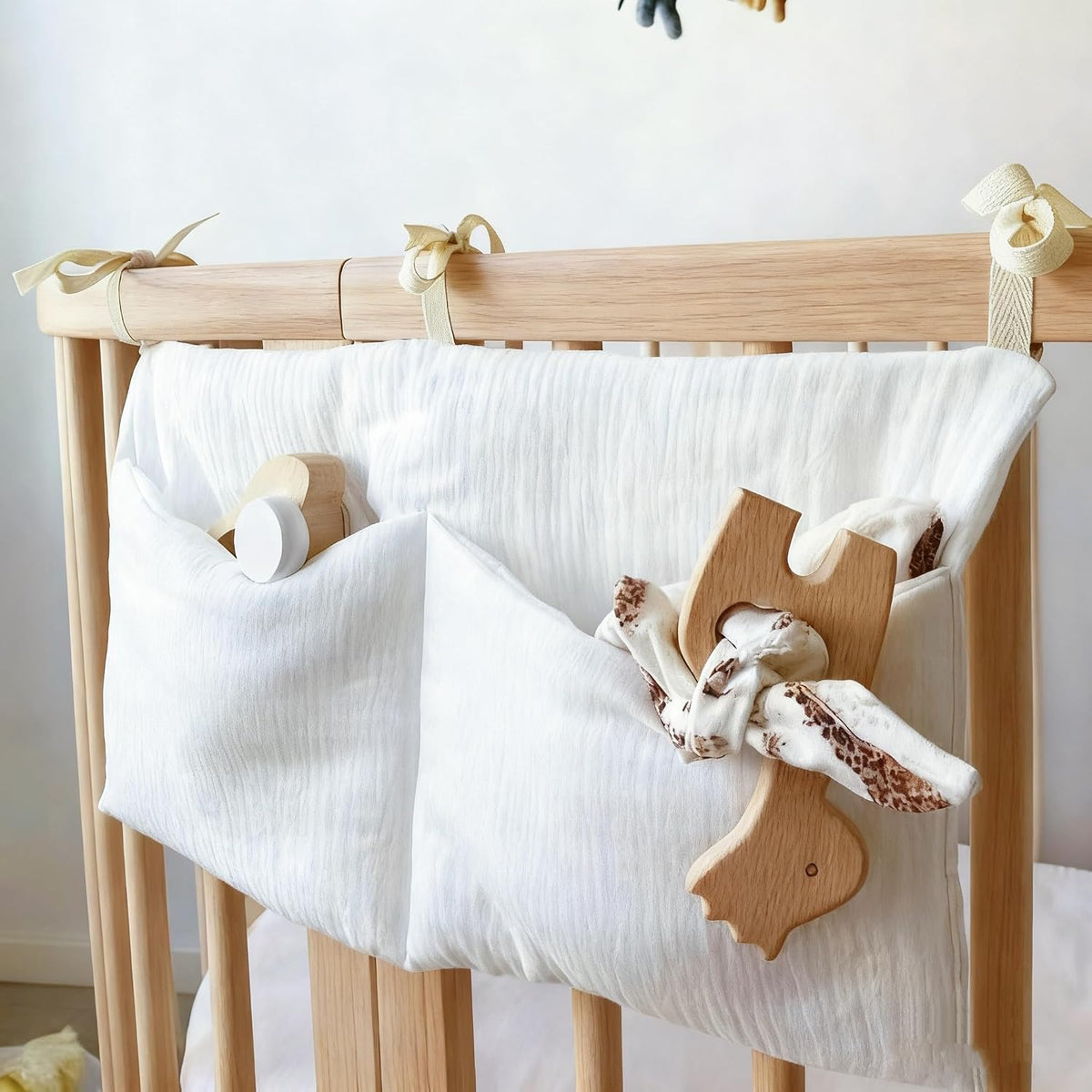 Muslin Cotton Baby Bedside Hanging Storage Bag, 2-Pocket Crib Diaper Caddy Organizer, Nursery Organization Holder for Cribs, Playard, Changing Table or Wall, Milk Bottle Bib Organizing Oatmeal