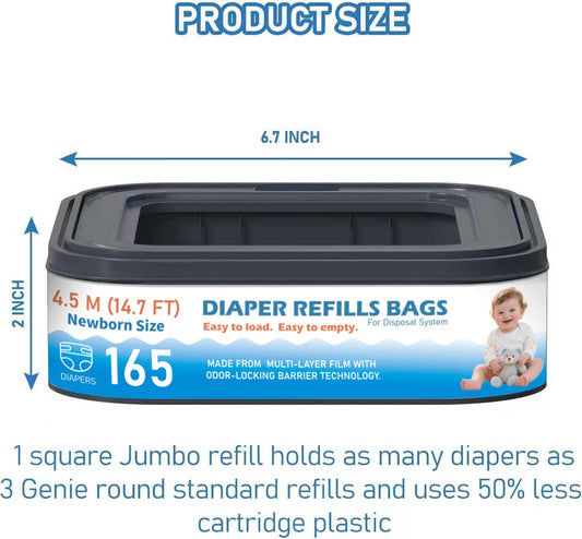 Standard Square Refills Disposal Bags Refill Compatible with Diaper Genie Compact, Select, Classic Version Pails, Hold Up to 165 Newborn-Sized Diapers Per Refill, 6 Packs