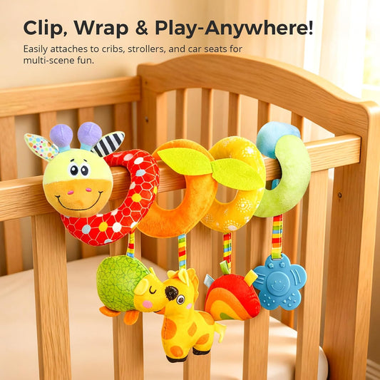 Carseat Toys Hanging for Babies 0-6-12 Months, Crib Toy Hanging Plush Spiral Car Seat Toy, with Rattle, Teether & Mirror, Stroller for Baby Boys & Girls, Infant Car Seat Toys