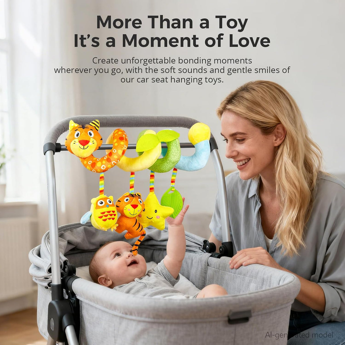 Carseat Toys Hanging for Babies 0-6-12 Months, Crib Toy Hanging Plush Spiral Car Seat Toy, with Rattle, Teether & Mirror, Stroller for Baby Boys & Girls, Infant Car Seat Toys