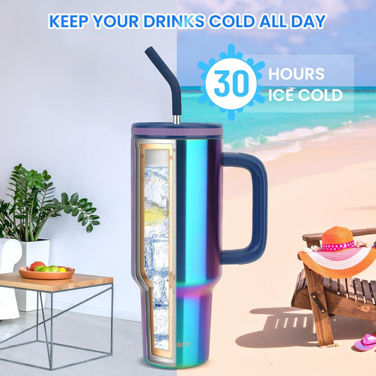 Zukro 40 oz Insulated Tumbler with Handle and Straw, Spill Proof Lid | No Sweat Stainless Steel Travel Cup Fits in Cupholder, Keep Drinks Cold 24 Hours for Home, Office, Dishwasher Safe, BPA Free