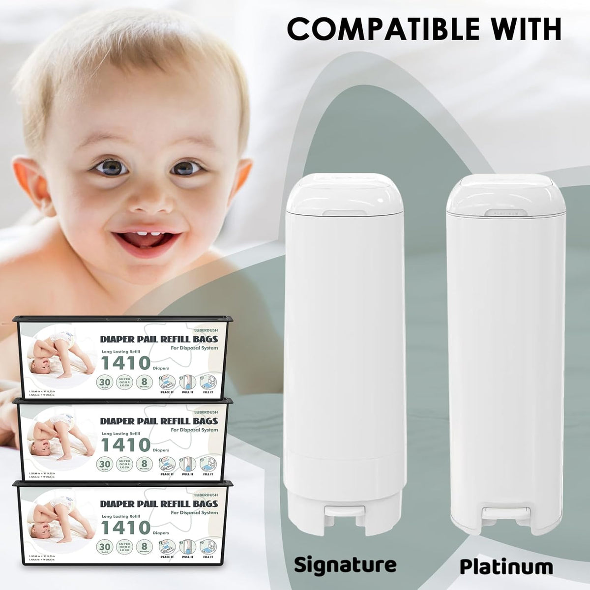 Diaper Pail Refill Bags - Compatible with Genie Easy Roll Signature & Platinum Pails | Each 30 Bags Holds Up to 1410 Newborn Diapers | 7-Layer OdorLock Technology | (60 Bags)