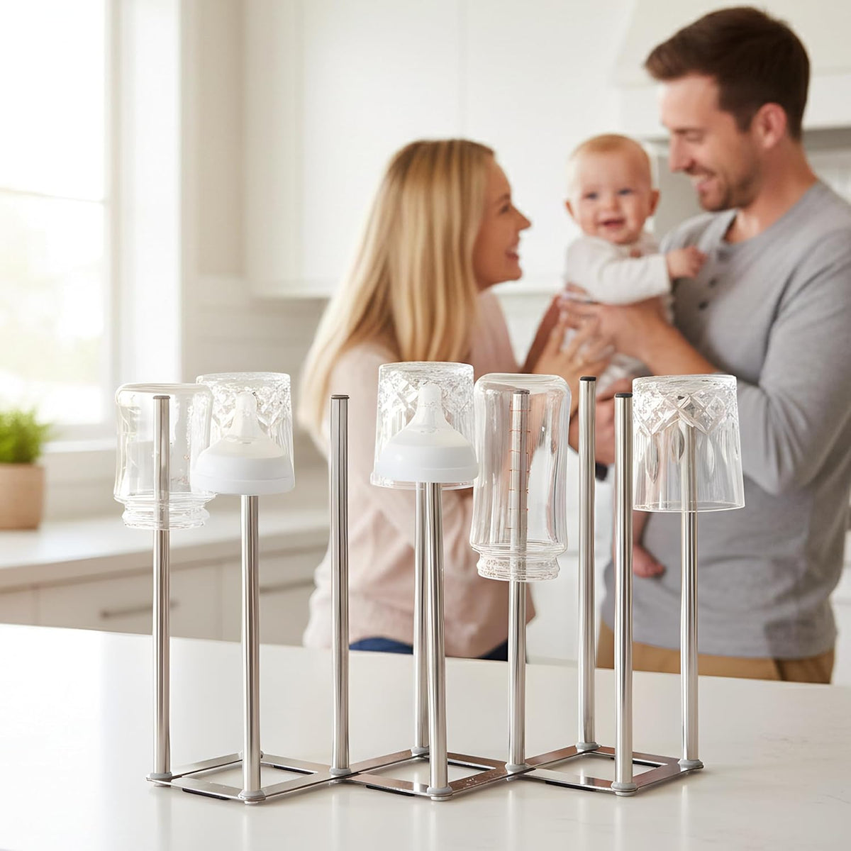 Water Bottle Drying Rack, Cup Drying Rack for Counter, Stainless Steel Tumbler Dryer Stand, Space-Saving Mug & Glass Drying Rack, Heavy-Duty Holder for Cups & Water Bottles (Silver – 10 Pegs)