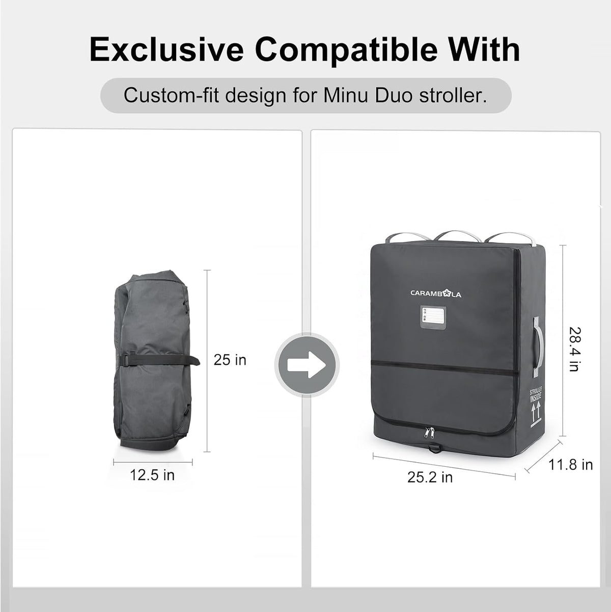 Stroller Travel Bag Compatible with UPPAbaby Minu Duo, Wheeled Gate Check Bag for Airplane, Hidden Backpack Straps, Front Zip Pocket, 600D Waterproof Padded Carrier with Foldable Storage