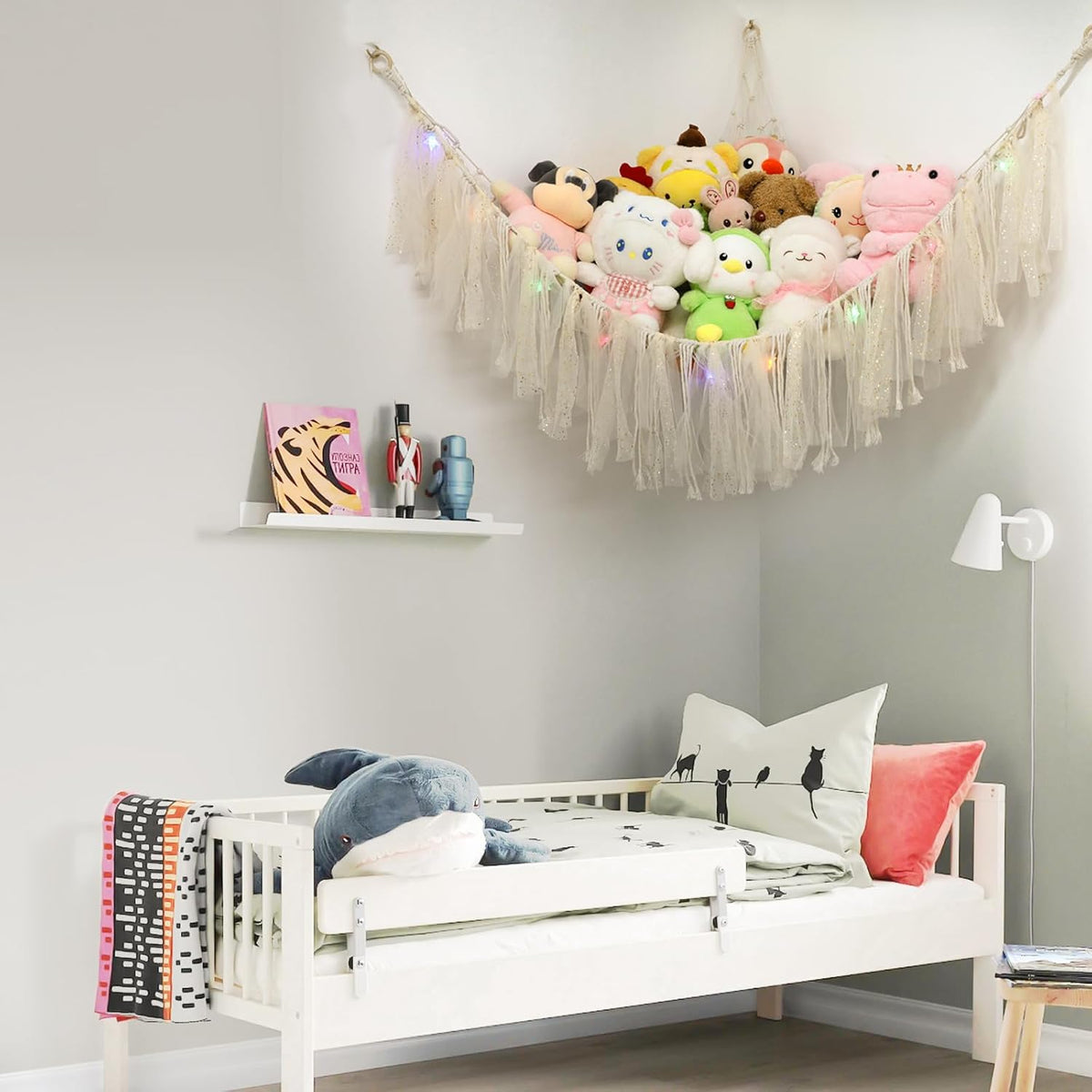 Stuffed Animal Hammock with LED Lights - 59 Inch Large Toy Storage Net for Kids Bedroom, Wall-Mounted Plush Organizer with Wooden Rings, Nursery Decor (Handwoven, Blue)