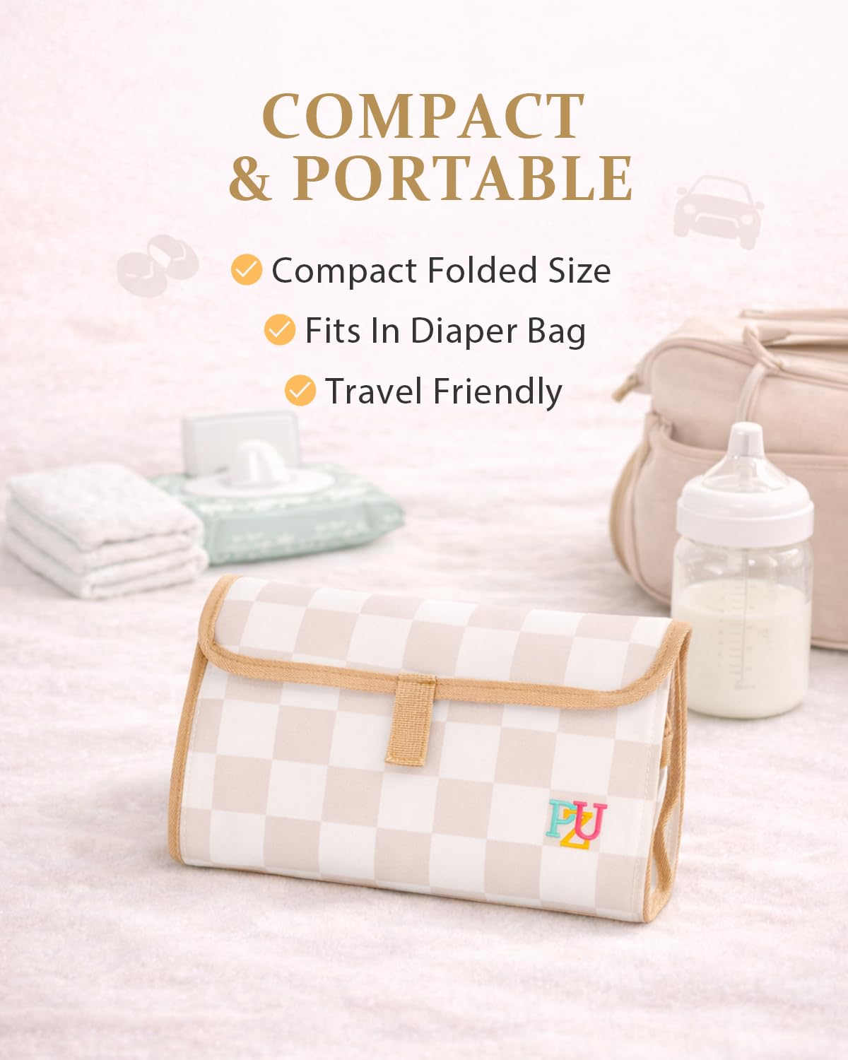 Portable Diaper Changing Pad - Waterproof Travel Changing Mat with Built-in Pillow, Gifts for Baby Shower, Newborn Girls & Boys(Beige Checkers)