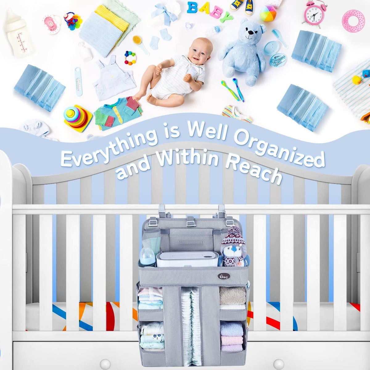 XL Hanging Diaper Caddy Organizer –Sturdy and Durable Baby Organizer – Diaper Stacker for Changing Table, Crib, Playard or Wall & Nursery Organization – Newborn Baby Essentials