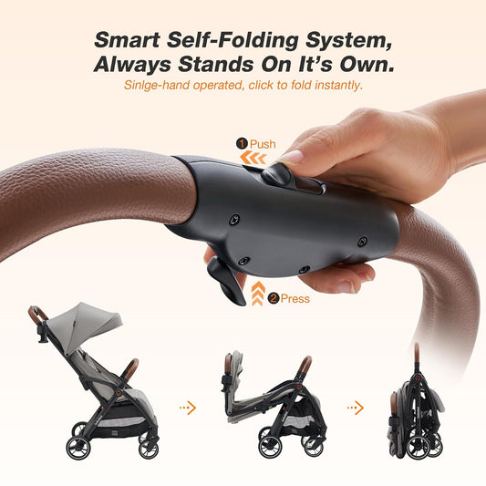 Baby Stroller, Auto-Fold Lightweight Travel Stroller for Airplane, Compact Toddler Pushchair with PU Leather Handle, Newborn to 50 lbs, Grey