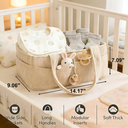 Baby Diaper Caddy Organizer - 14x9x7 Inch Corduroy Nursery Storage Baske with Removable Dividers, Baby Registry Must Haves, Portable Baby Changing Station for Essentials, Corduroy Cream