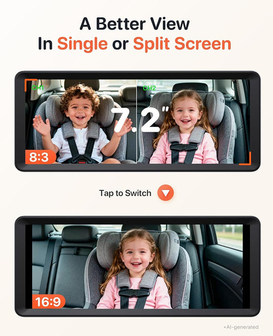 Dual Car Camera Baby Monitor with Recording for 2 Kids 7.2''