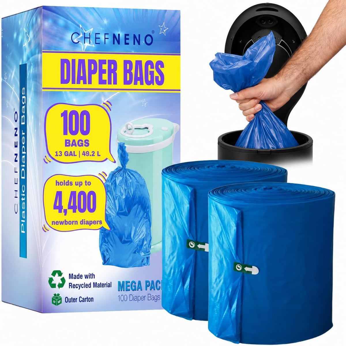 Disposable Diaper Pail Refill Bags (100 Bags) Compatible with Ubbi Diaper Bag Pail 13 Gal Capacity Diaper Pail Bag Medium Kitchen Trash Bag Heavy Duty Large Garbage Bag (100 ct.)