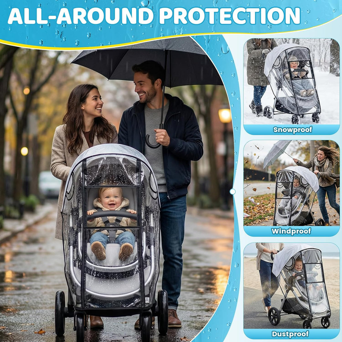Clear Stroller Rain Cover, Universal Fit, Side Ventilation, Durable Clear