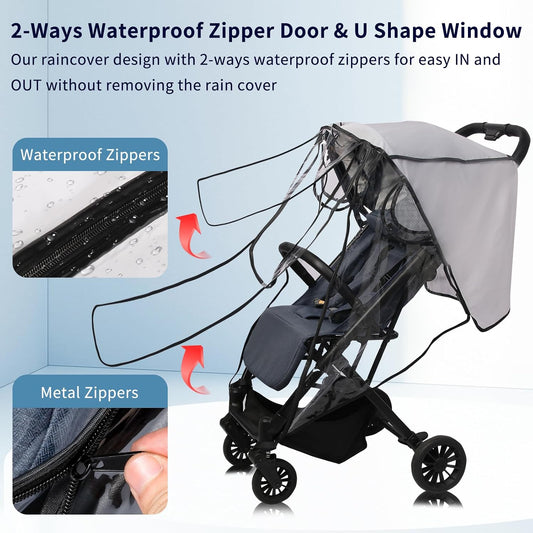 Stroller Rain Cover, Universal Clear Breathable Weather Shield with Waterproof 2-Way Zippers Open, 4 Seasons Protection for Baby from Rain, Wind, Snow (Two Ways Open on Front)