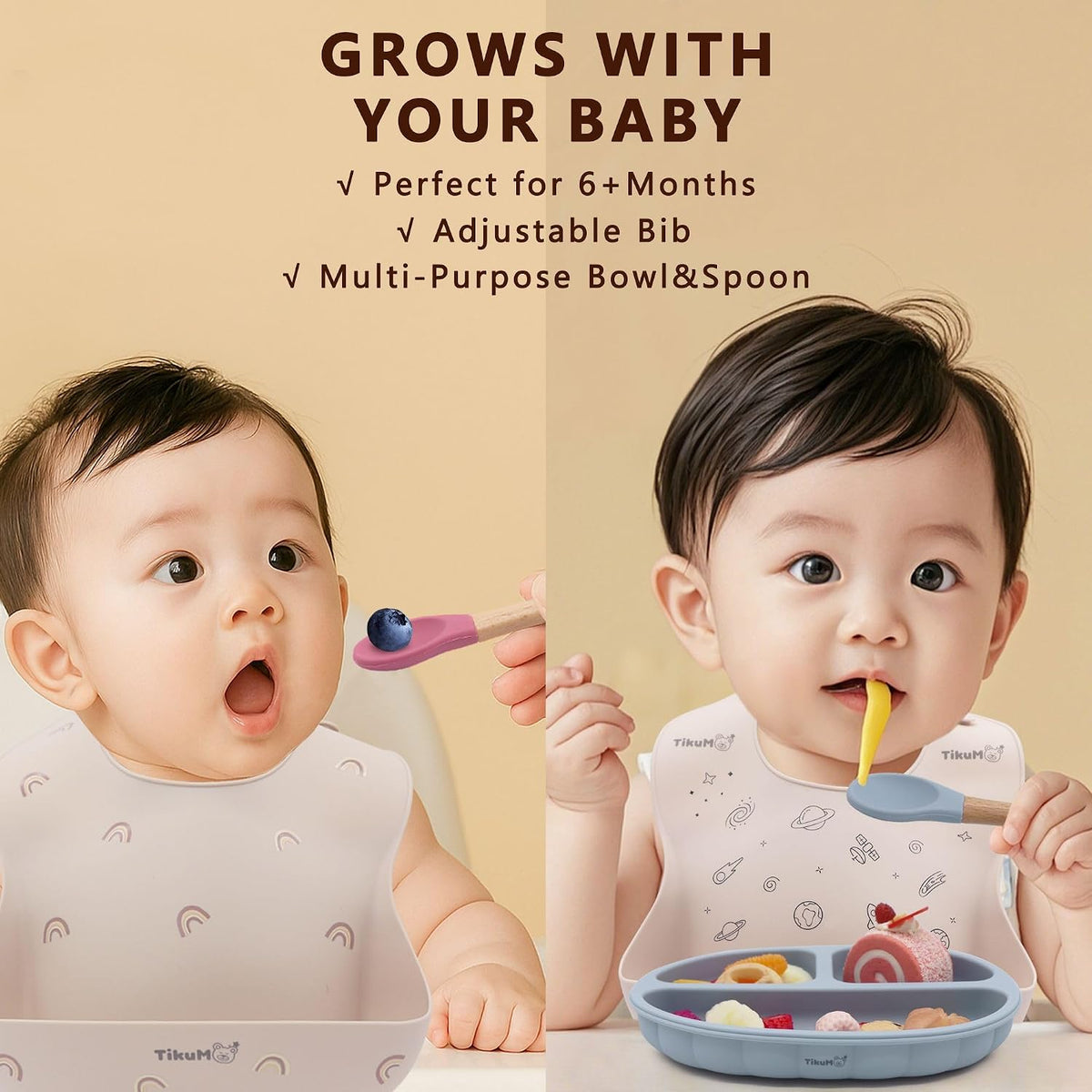 Baby Led Weaning Set, 9 Piece Silicone Feeding Set with Suction Plate, Lid, Bowl, Sippy Cup with Straw, Utensils & 1 Space and 1 Solid Bib, BPA Free, Dishwasher Safe (Pink)