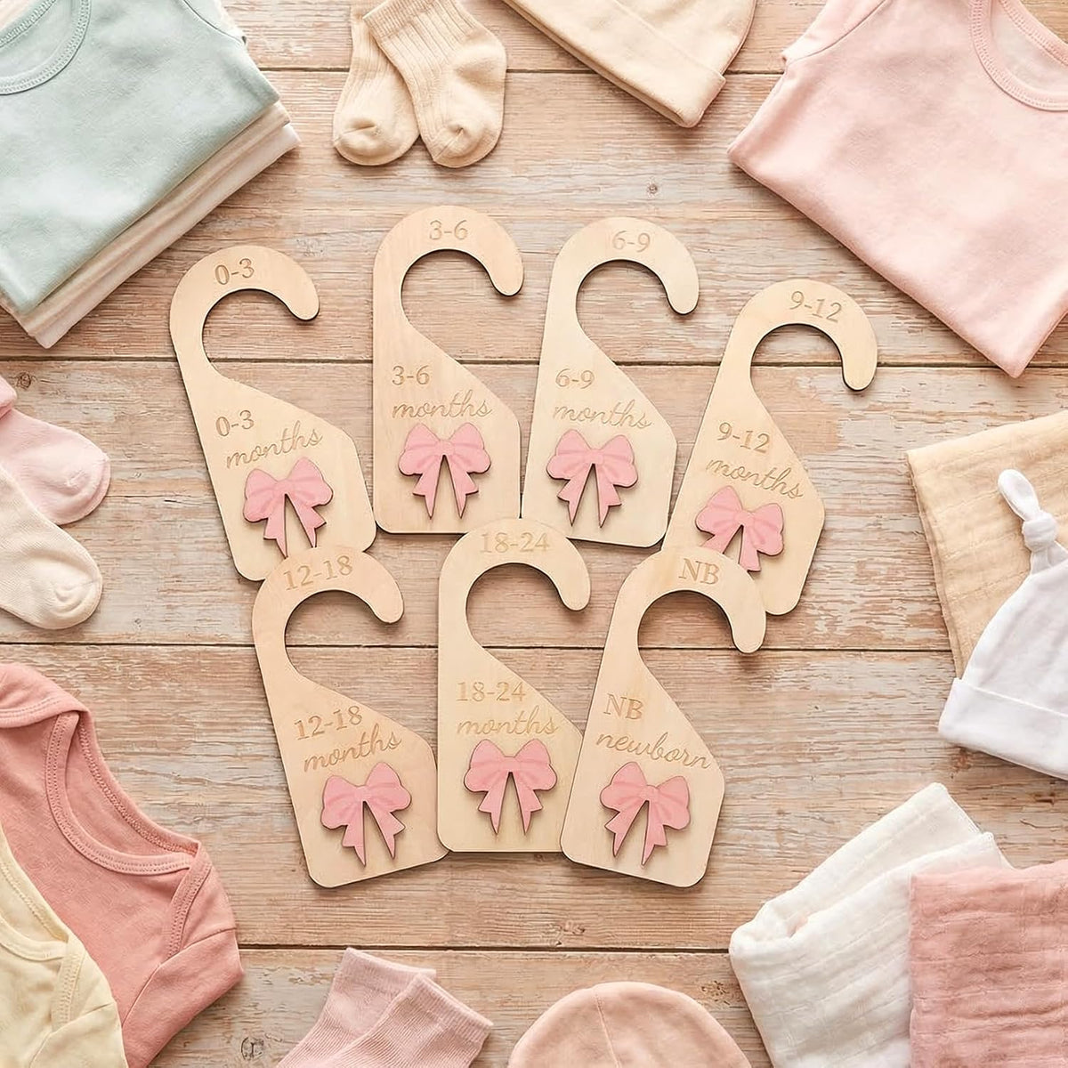 7Pieces Wooden Baby Closet Dividers Coquette Pink Bow Baby Clothes Dividers