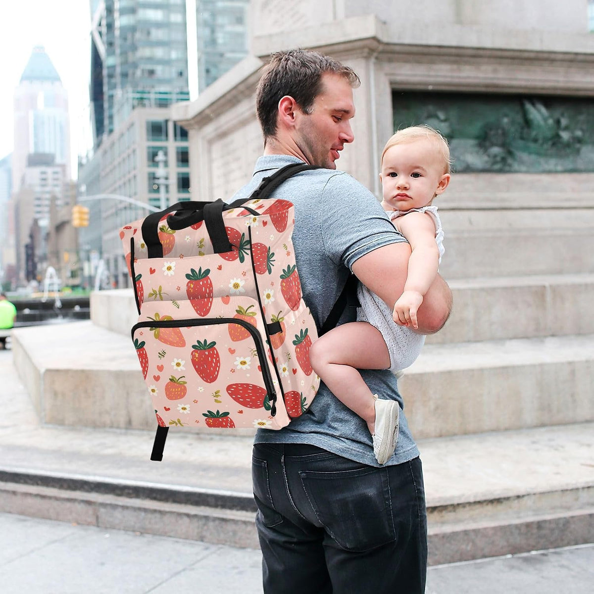 Diaper Bag Backpack, Multifunction Travel Bag for Moms Dads, Baby Changing Bag with Insulted Pockets, Stroller Straps and Side Bottle Pockets Cute Strawberry Pattern