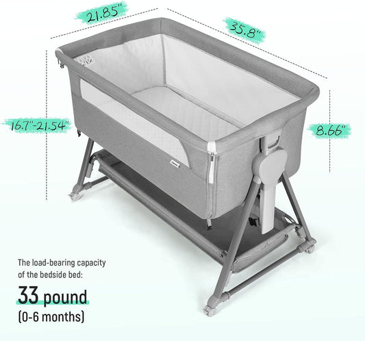 Bassinet Bedside Sleeper, Baby Bassinet with 7 Adjustable Height, Bedside Bassinet for Baby with Storage, Breathable Mesh & Mattress, Portable Bassinet Easy Folding (Pyramid Light Gray)