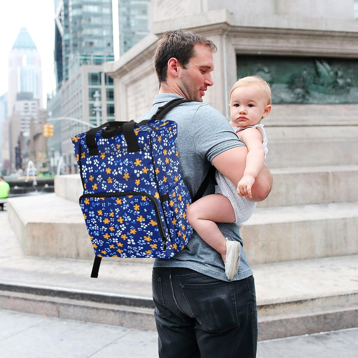Diaper Bag Backpack, Multifunction Travel Bag for Moms Dads, Baby Changing Bag with Insulted Pockets, Stroller Straps and Side Bottle Pockets Cute Orange Flower Pattern