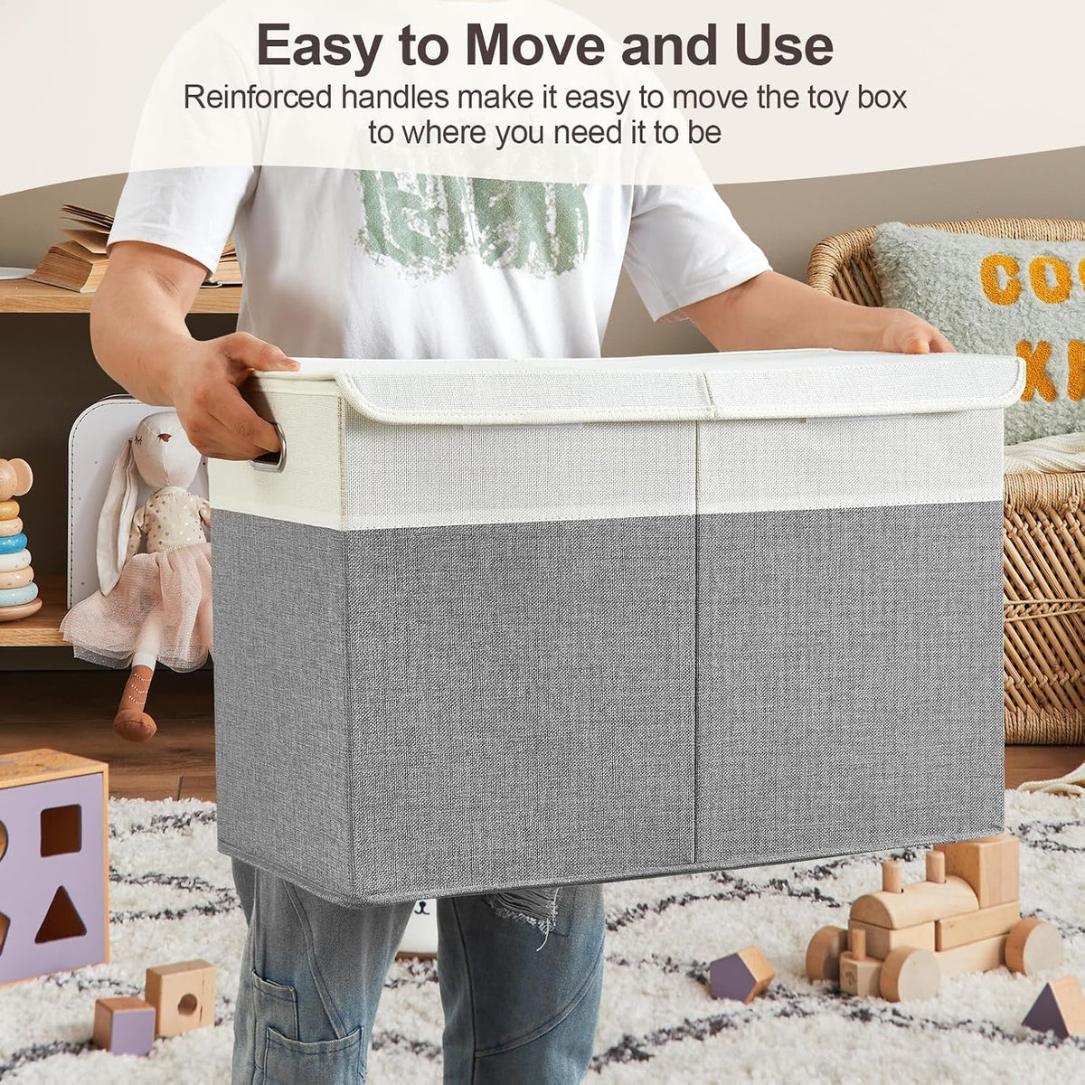 Large Toy Storage Box with Lid, Collapsible Toys Storage Organizer Bins with Dividers and Handles, Storage Chest Bin for Kids, Boys, Girls, Nursery 25"x13" x16" (Beige & White)