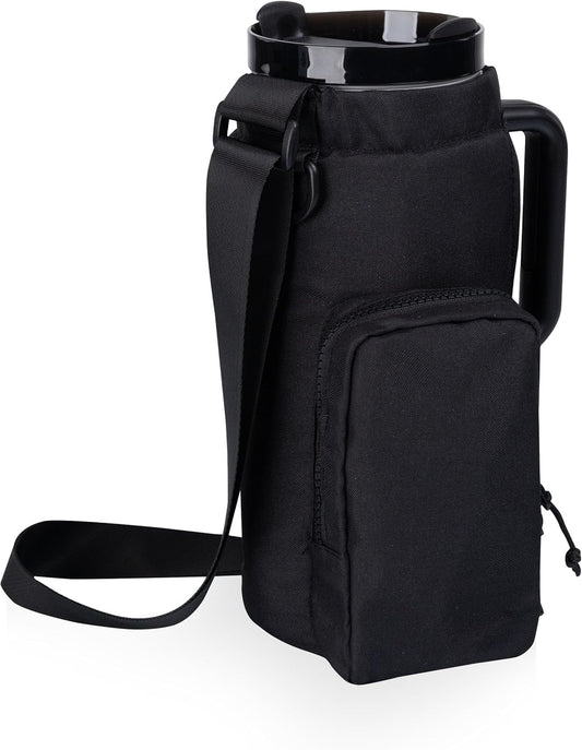 PICNIC TIME Eclipse Tumbler Tote with 40oz Stainless Travel Mug, Eco-Friendly Water Bottle Sling Bag, Crossbody Cup Holder with Phone Pocket & Strap, Recycled Fabric Drink Carrier & Tote (Gray)