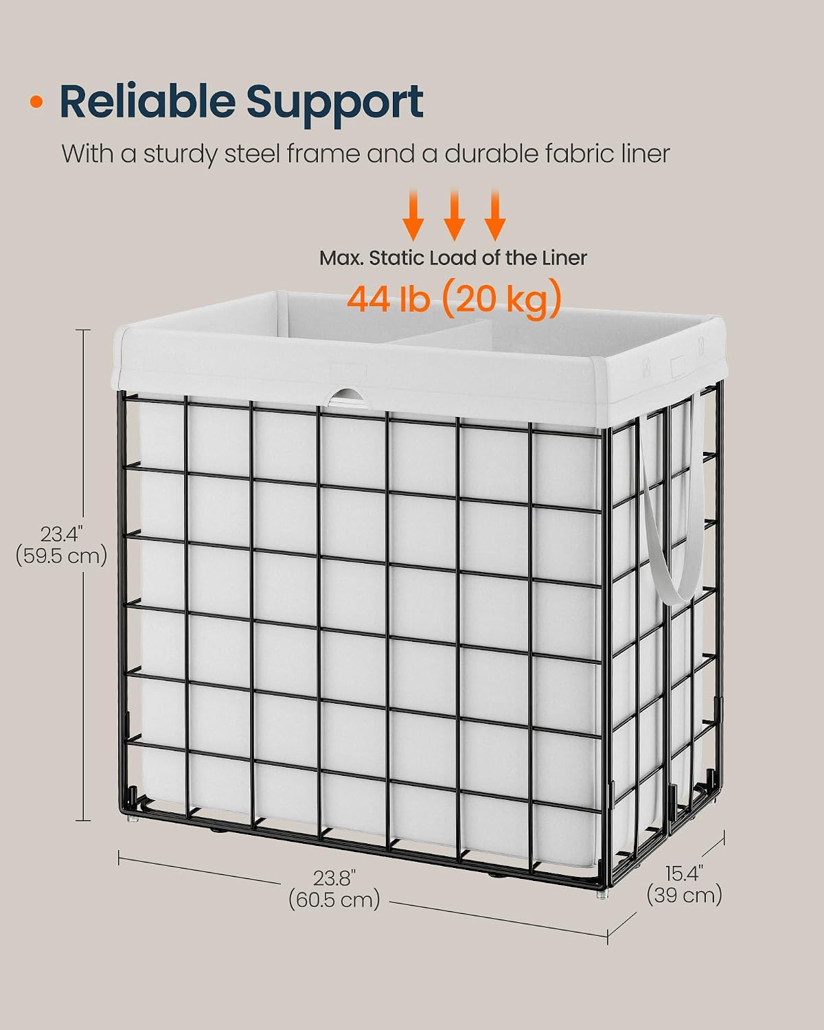 Laundry Basket, Foldable Laundry Hamper, Clothes Hamper, Removable Liner with Handles, for Bedroom, Bathroom, 23.8 Gal. (90 L), White