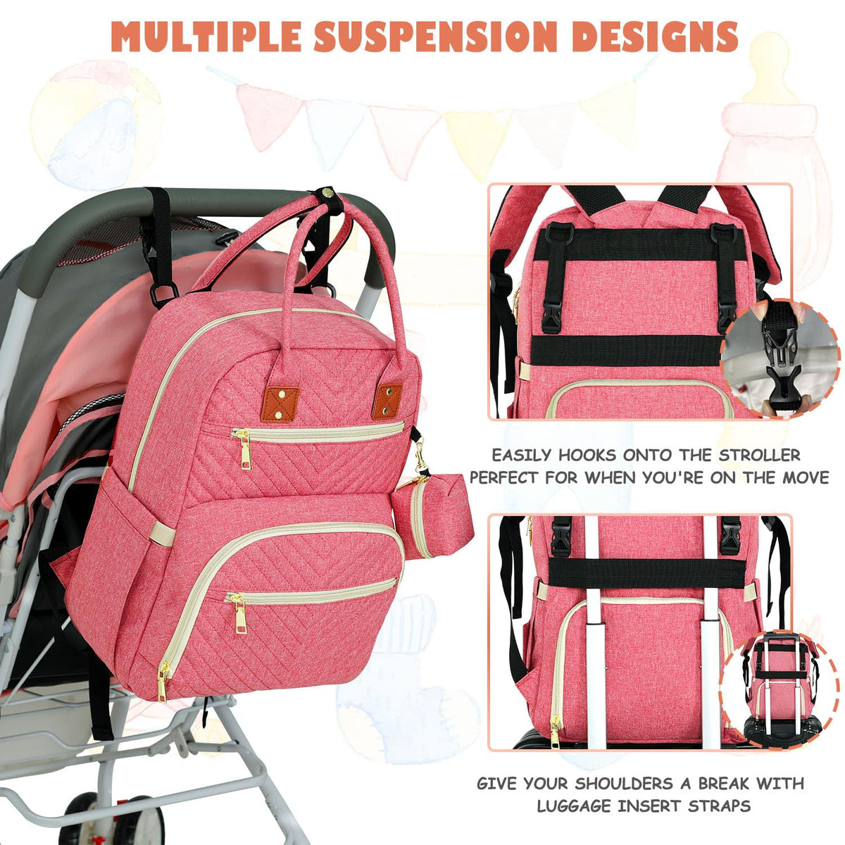 Diaper Bag Backpack, Baby Diaper Bag with Changing Pad Light Pink