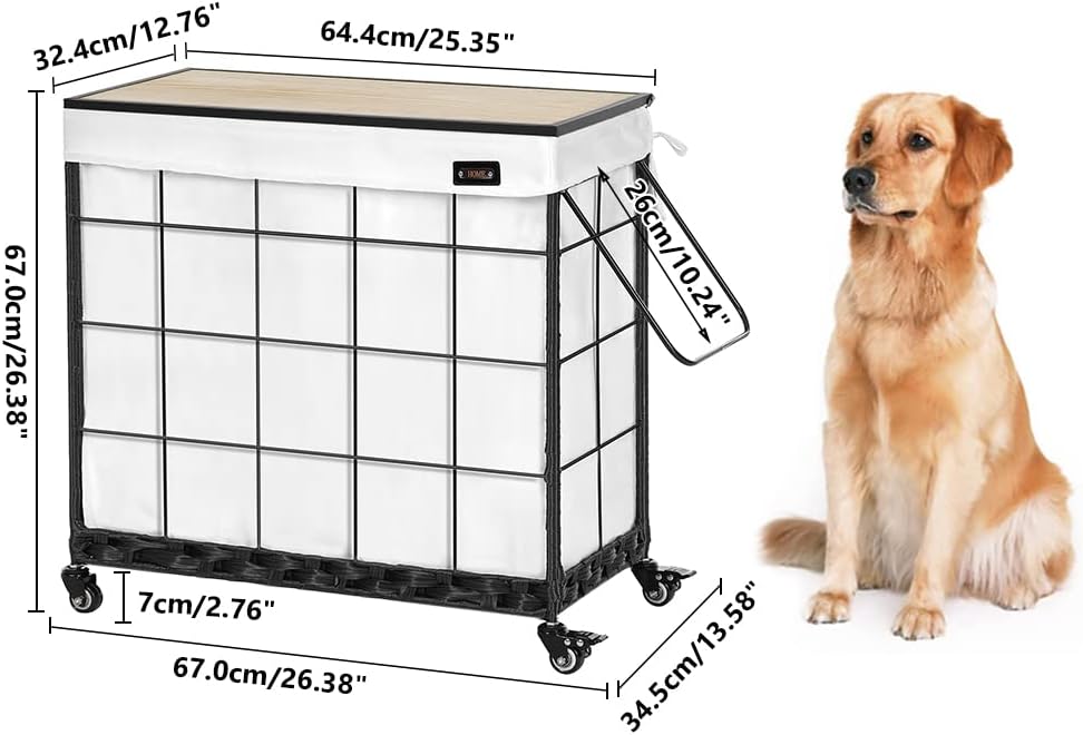 110L Laundry Hamper with Wood Lid, Rolling Laundry Basket with Liner Bag