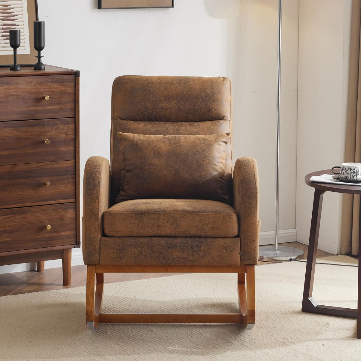 Chenille Low Seat Rocking Chair,Upholstered Nursery Glider Chair with Side Pockets,Accent Arm Chair with High Backrest,Comfy Head Rest, and Solid Wood Base For Living Room Bedroom Balcony,Beige