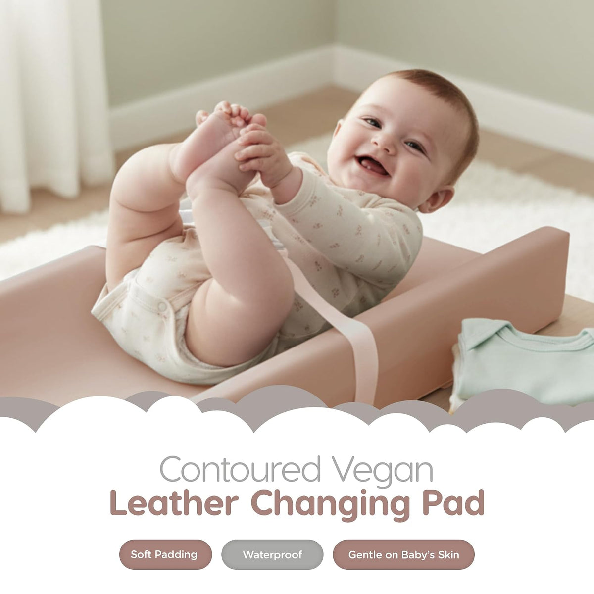 Waterproof Vegan Leather Contoured Baby Changing Pad | Wipe-Clean PU Leather Diaper Change Mat, Soft, Wipeable Removable & Washable Cover, Non-Slip Bottom, Standard Infant Diaper Table & Dresser Tan