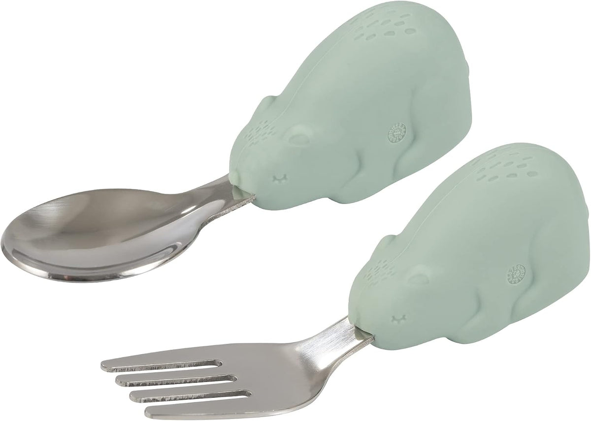 Easy Grip Toddler Utensils Spoon and Fork Set - BPA & Phthalate Free Utensil Sets, Kids Silverware With Silicone Handle, Baby Led Weaning Supplies for 12 Months & Up (Sage Bear)