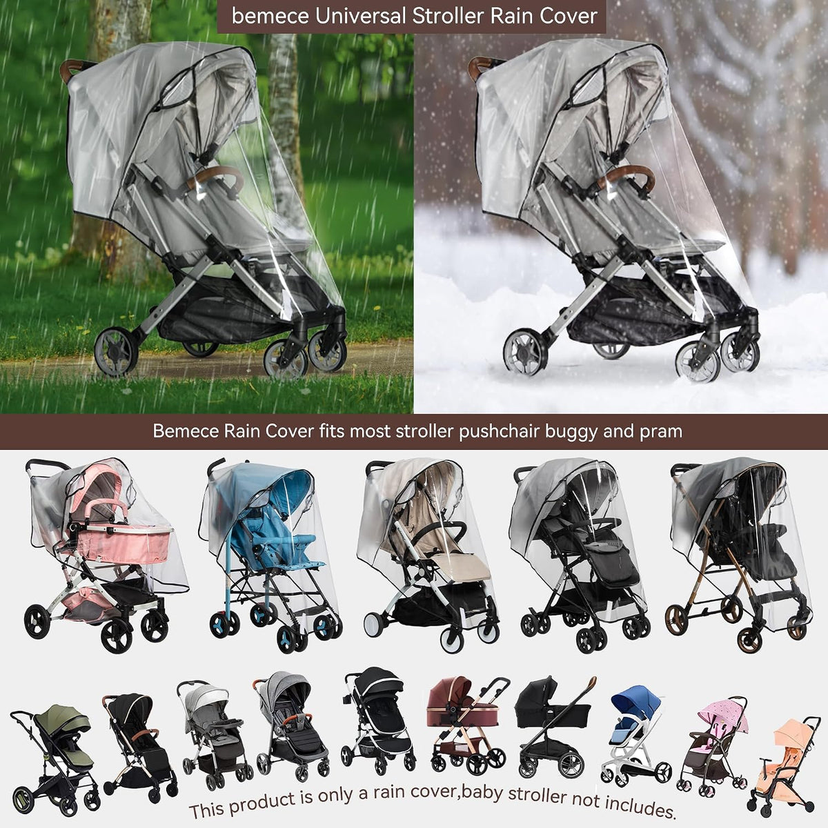 bemece Universal Stroller Rain Cover, Clear EVA Shield with Side Air Vents