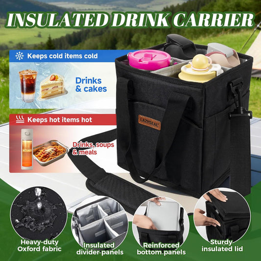 Reusable Drink Carrier with Handle, 4 Cup Capacity, Black | Foldable, reinforced bottom, multiple storage pockets, comes with shoulder strap and insulated lid