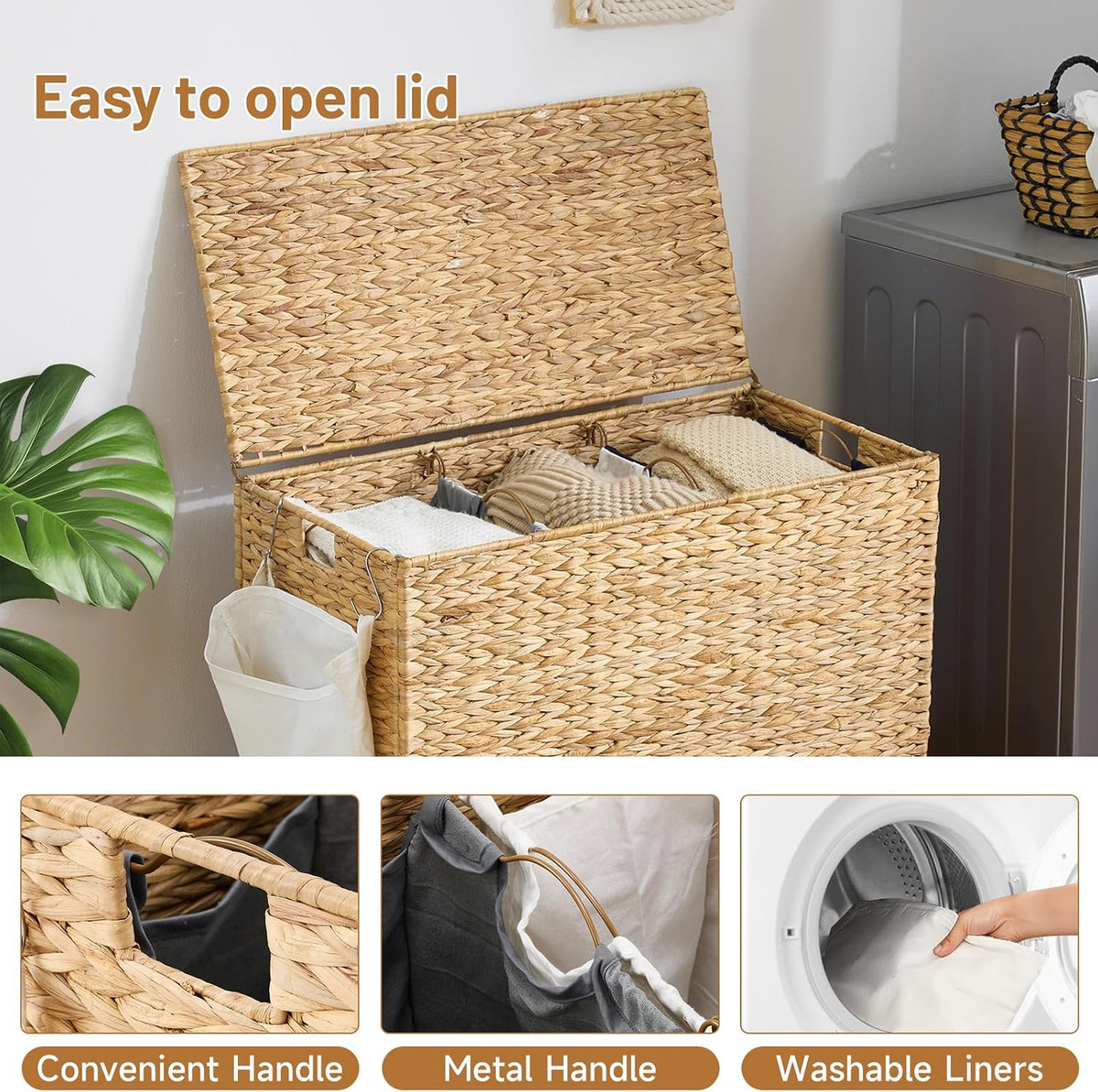 Laundry Hamper with Wheels, 52.8 Gallon(200L) Water Hyacinth Laundry Basket with Lid, 3-Section Wicker Clothes Hamper with 3 Removable Liners, Laundry Sorter with Side Pocket, Natural