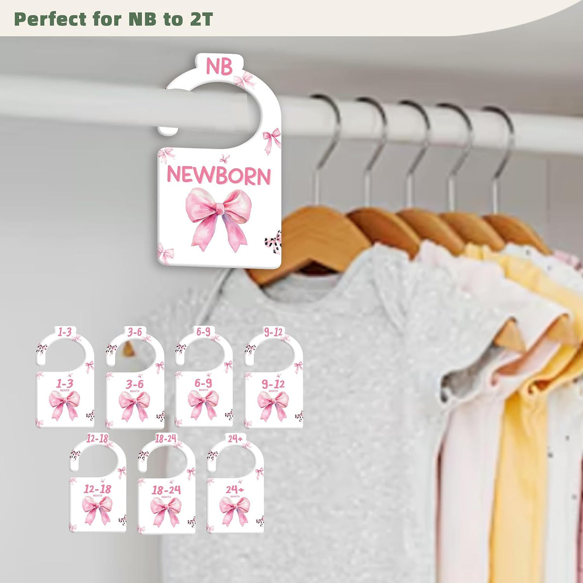 JMOST Eucalyptus Baby Closet Dividers for Nursery Closet Organizer, Newborn to 24 Months Size Clothes, Greenery Hangers with Size Dividers, Double Sided