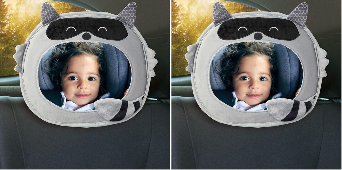 Easy View Racoon Character Baby Car Mirror, Safety Car Seat Mirror for Rear Facing Infant, Fully Adjustable, Wide Crystal Clear View, Shatterproof, Crash Tested