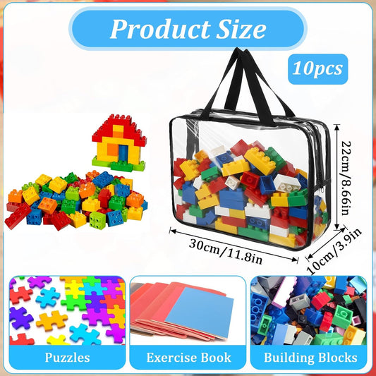 10 Packs Toy Storage Bags,Large Clear Toy Organizer Bags with Zipper and Labels Portable Reusable Waterproof PVC Toys Organizing Bag