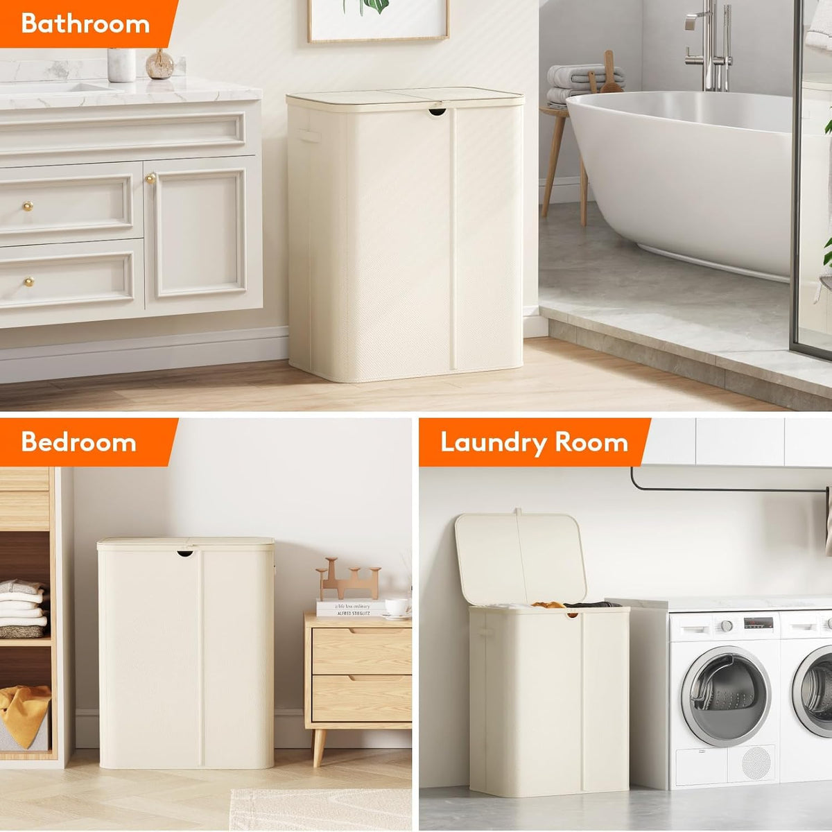 185L 3 Section Laundry Hamper with Lid, Laundry Basket, Beige