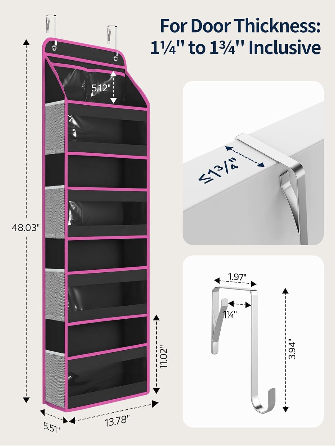 7 Tier Over the Door Organizer, Large Capacity Door Organizer Hanging with Clear PVC Windows, Behind the Door Storage for Bedroom Nursery Closet Laundry Pantry Bathroom, Grey