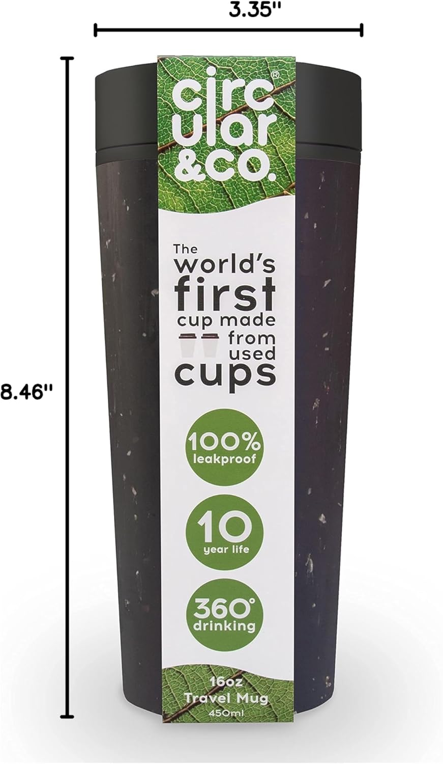 . Travel Mug (16oz) - The World's First Reusable Mug Made from Recycled Coffee Cups, 100% Leak-Proof, Sustainable & Insulated, Black on Cosmic Black