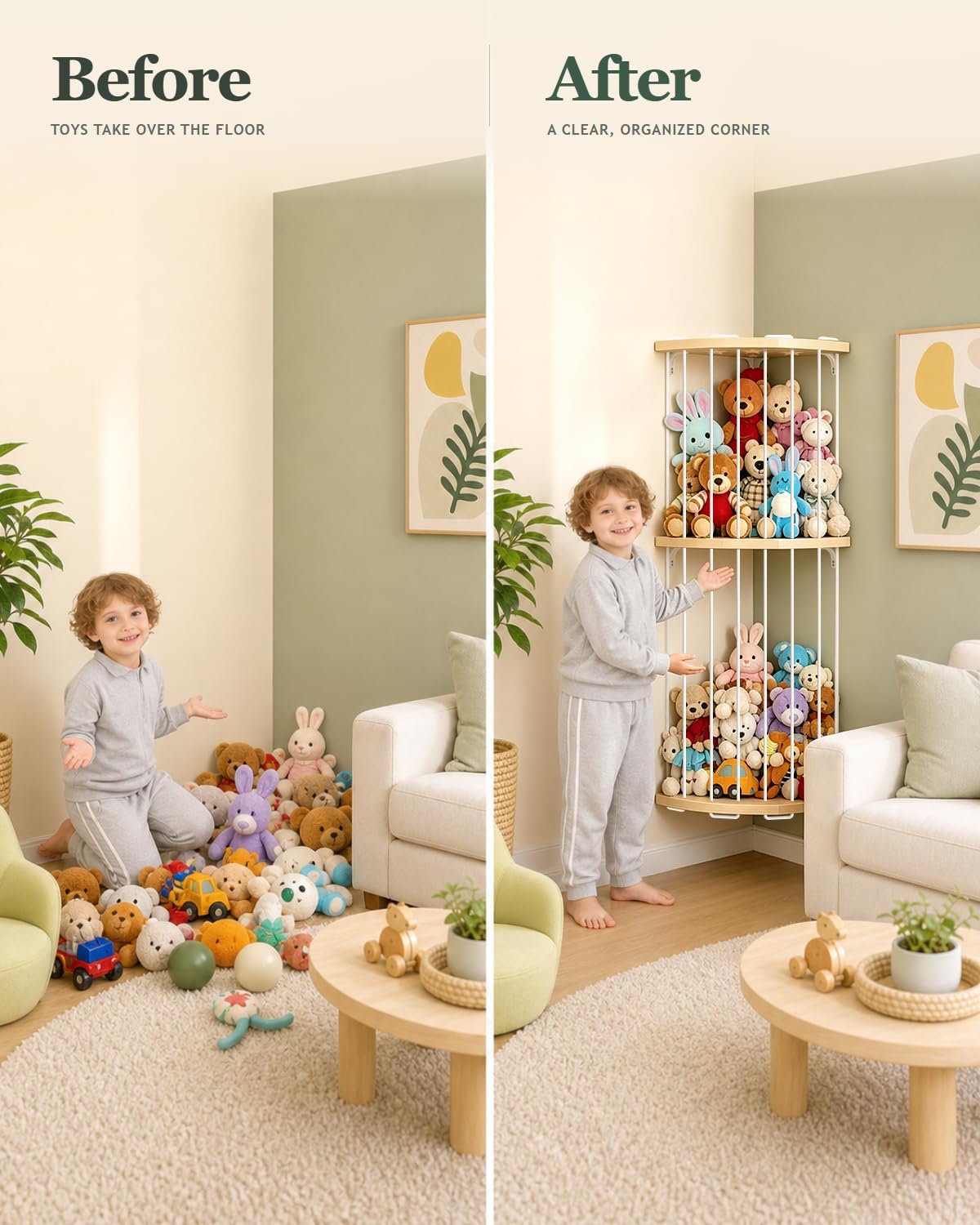 Corner Stuffed Animal Storage- 3 Tier Wood Plush Toys Holder Shelf 71" H