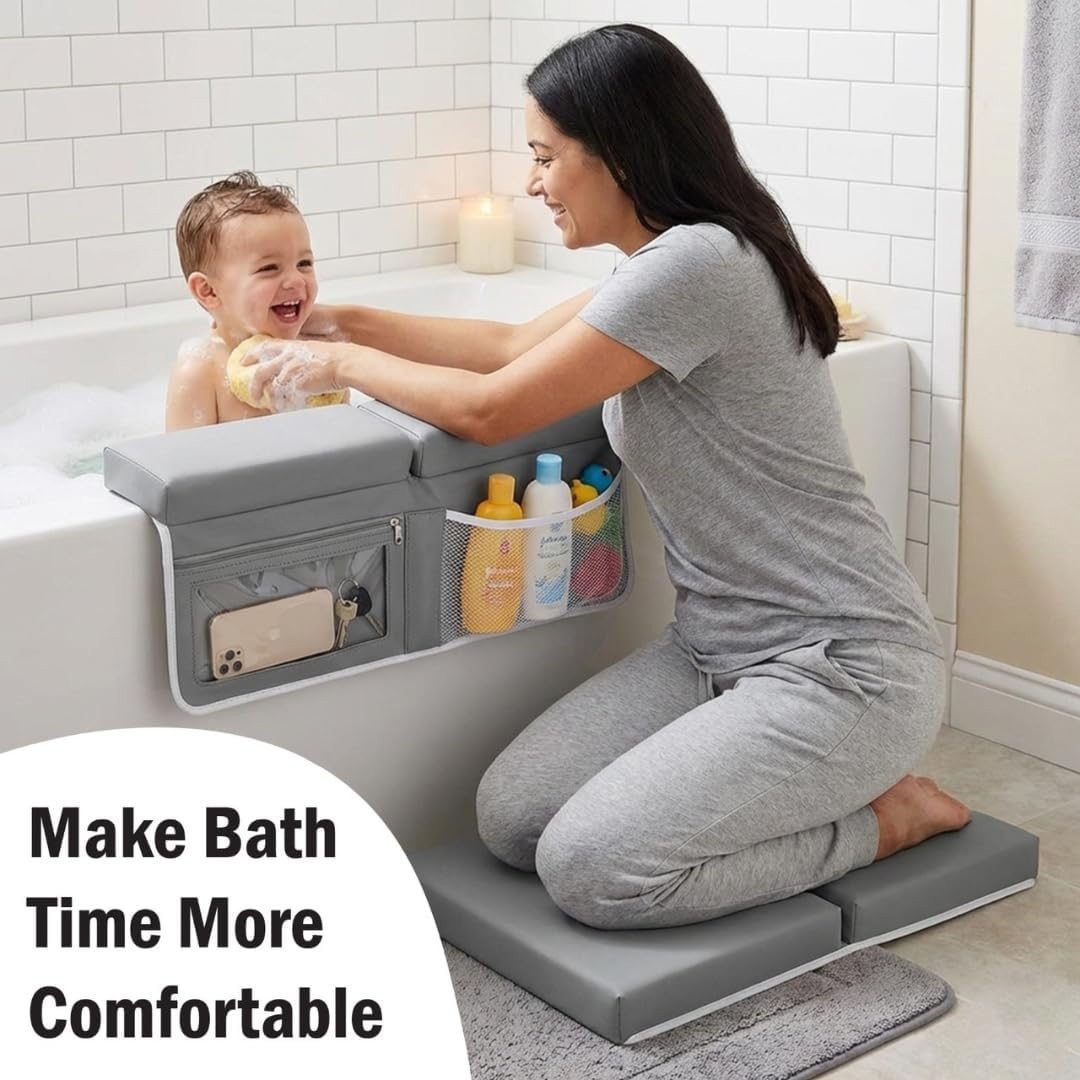 Bath Kneeler and Elbow Rest Pad Set, Kneeling Pad for Bathing Baby, Non Slip Foldable Kneeling Mat for Toddler, Bathtub Cushion Foam Kneeler Mat with Toy Organizer Pocket - Grey