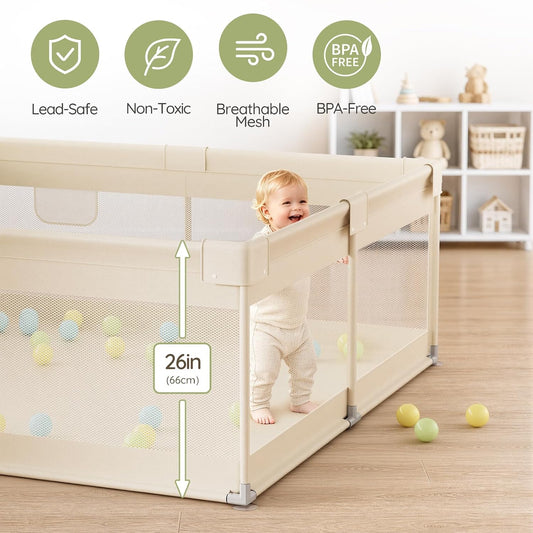 Beige Small Baby Playpen - 47x47in Playpen for Babies and Toddlers
