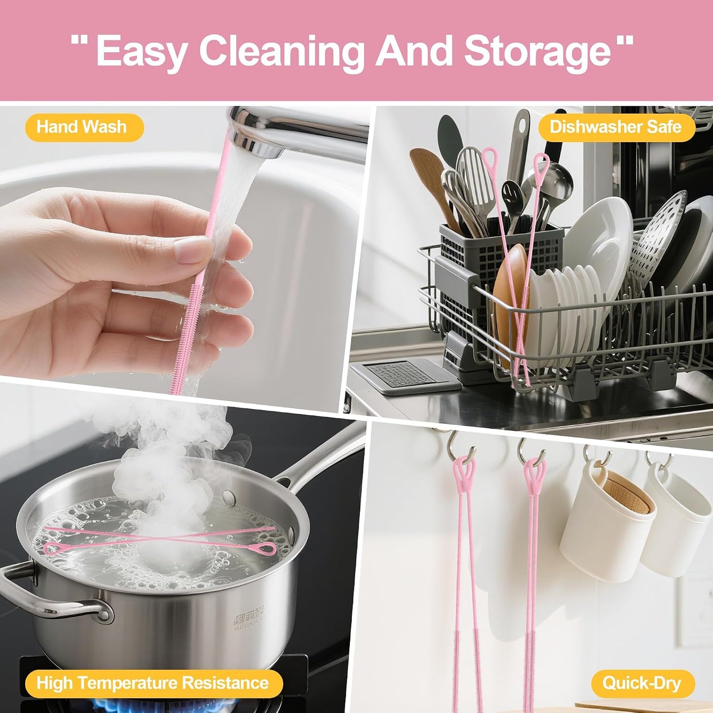 Silicone Straw Cleaner Brush - 2 Pcs Straw Brush for Water Bottle Sippy Cup Tubes Glass Straws, Reusable Bendable and Dishwasher Safe