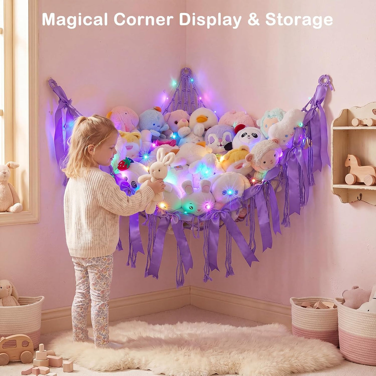 Stuffed Animals Storage Hammock with DIY Bows & LED Lights Hanging Toy Organizer for Stuffed Animals Large Corner Plushie Net for Kids Girls Room Decor Aesthetic Toy Hammock with Bowknots