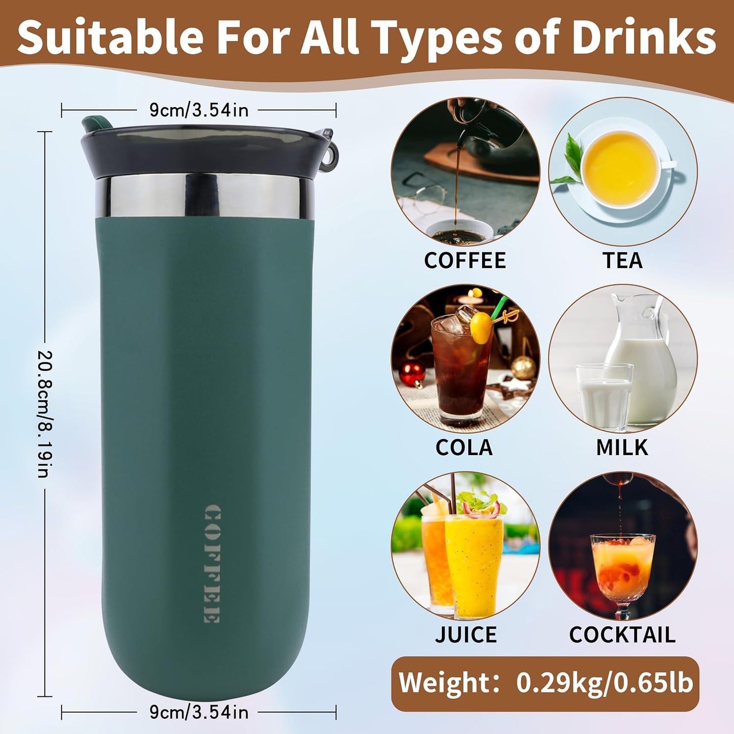 11 Oz Insulated Travel Coffee Mug - Green Reusable Cup With Lid, Spill Proof, Stainless Steel for Hot and Iced Cold Drinks