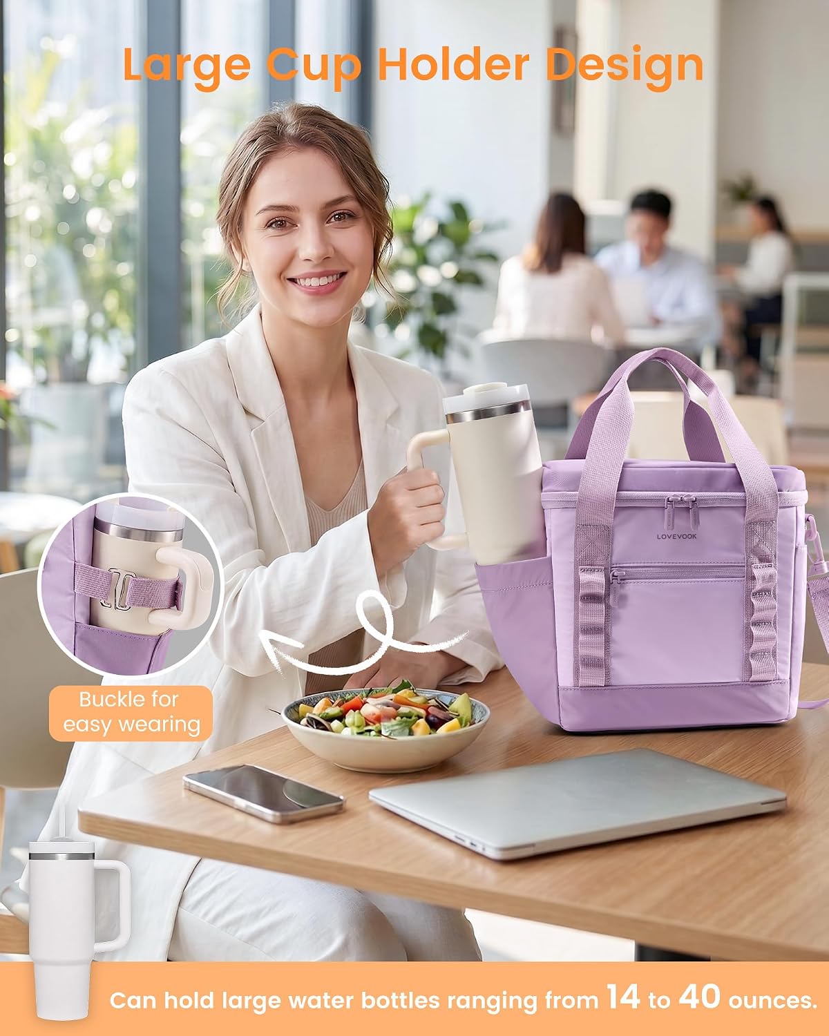 Insulated Lunch Bag for Women men, Large Leakproof Adult Lunch Box | 180° Wide Opening, Fits 40oz Cup, Heat-Sealed Leakproof, 4-Layer Thermal Insulation, Multi-Functional DIY Webbing