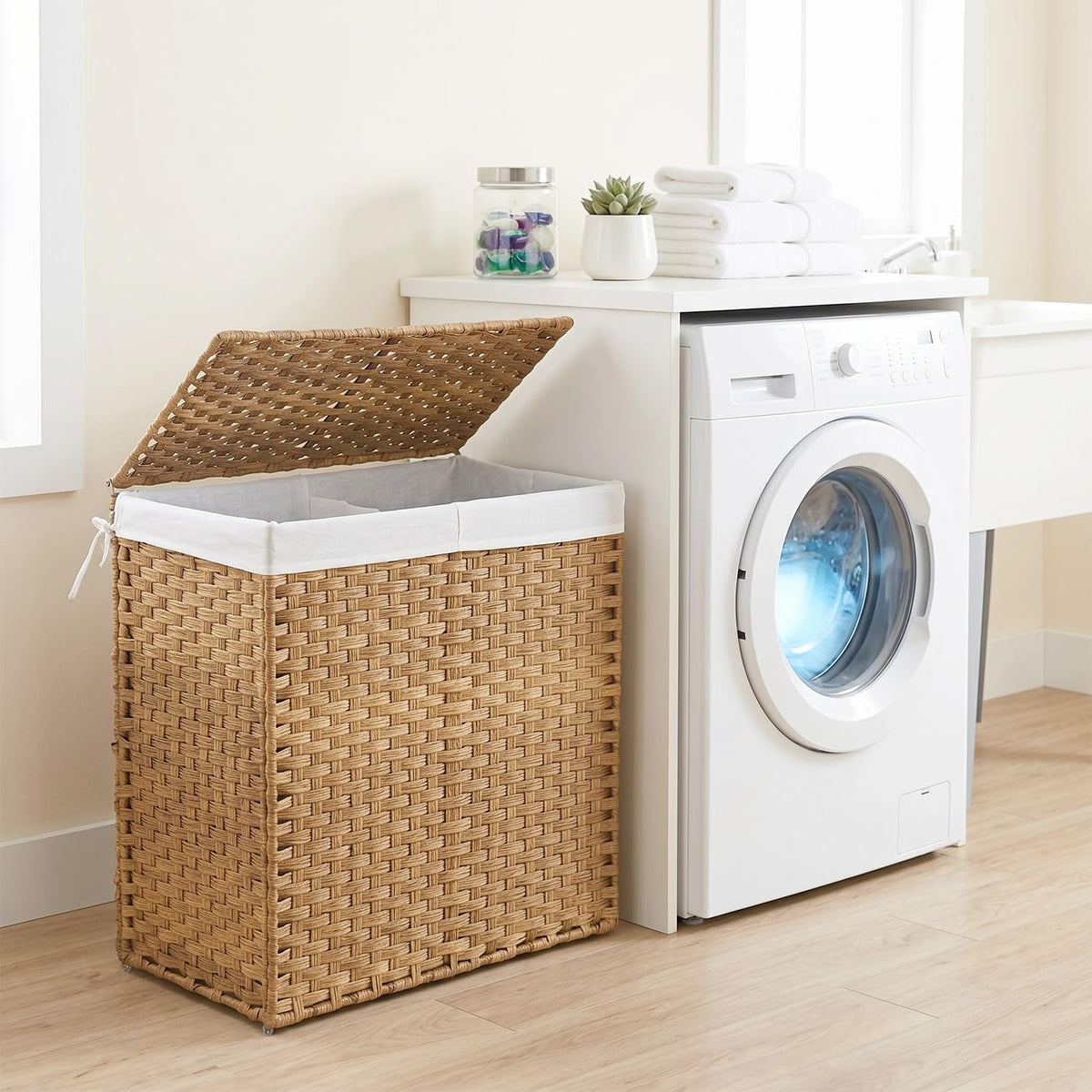 Handwoven Laundry Hamper with Lid, 110L Foldable Rattan Clothes Basket with 2 Removable Liners & 6 Mesh Laundry Bags for Bathroom Bedroom, Grey