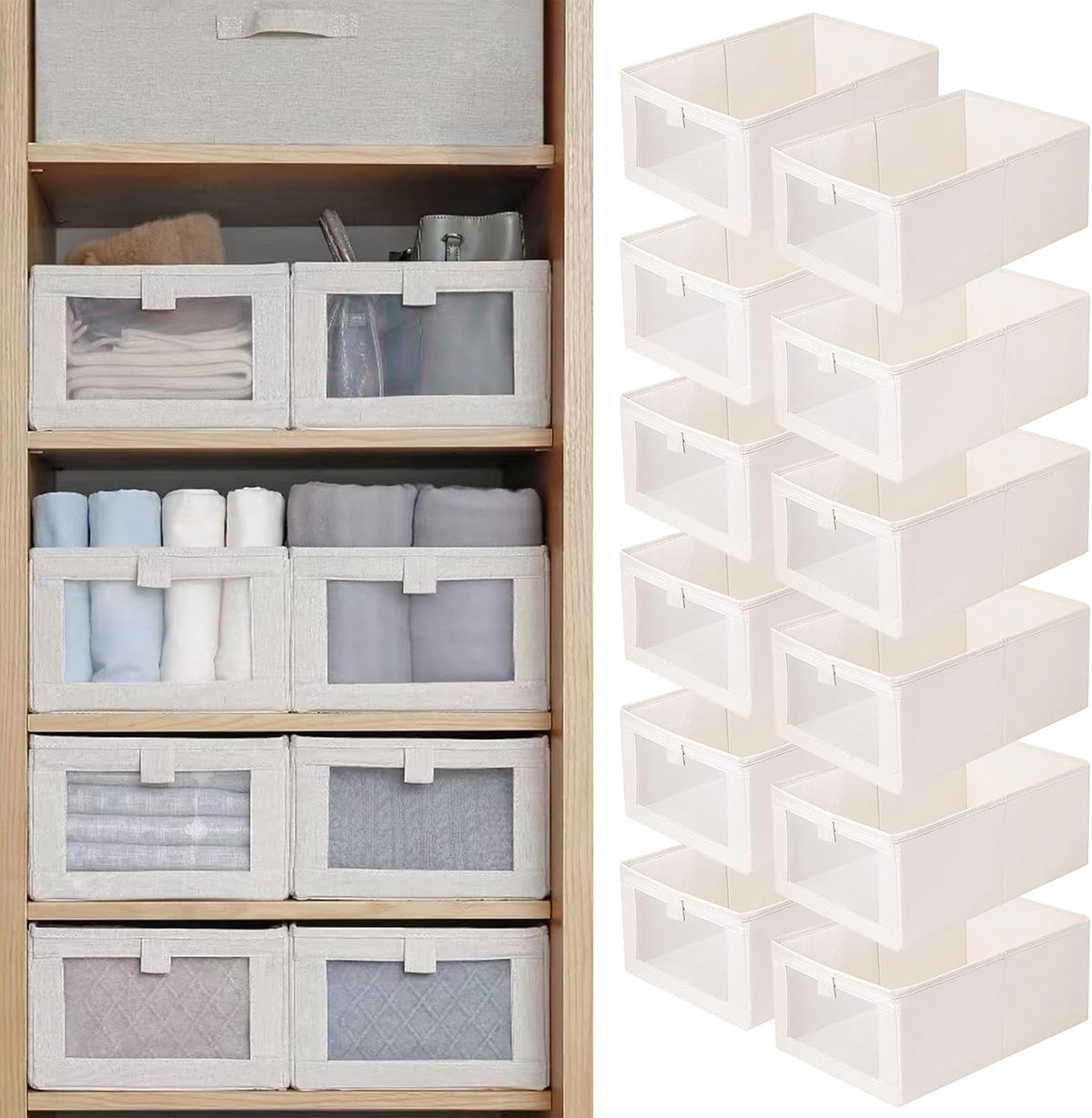Linen Closet Organizers And Storage, 4 Pack Storage Bins Baskets for Organization Foldable Organizer with Clear Window Organizing Clothing, Jeans, Shelves